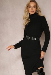 Czarna Dopasowana Sukienka Dzianinowa z Golfem i Wełną Moustie. Czarne sukienki damskie Renee, na zimę, bez wzorów, z dzianiny, bez kołnierzyka, bez ramiączek, midi, dopasowane. Za 109.99 zł.