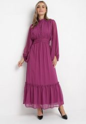 Fioletowa Rozkloszowana Sukienka Maxi z Falbanką Kamiva. Fioletowe sukienki damskie Born2be, m, z aplikacjami, wizytowe, bez kołnierzyka, bez ramiączek, maxi, rozkloszowane. Za 109.99 zł.