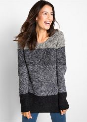 Sweter w szerokie pasy. Szare swetry damskie bonprix, bez wzorów, bez kołnierzyka, bez ramiączek, bez kaptura. Za 114.99 zł.