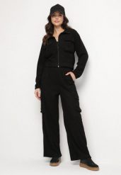 Czarny Komplet Dresowy w Stylu Cargo Bluza ze Stójką i Szerokie Spodnie Arritarra. Czarne bluzy damskie Born2be, m, bez wzorów, z dresówki, bez kaptura. Za 84.99 zł.