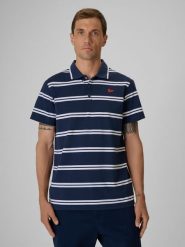 4F Koszulka polo regular męska - granatowa L. Niebieskie koszulki polo męskie 4f, l, bez wzorów, z bawełny, klasyczne, bez ramiączek. Za 129.99 zł.
