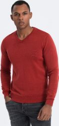 Ombre Sweter męski washowany z dekoltem w serek - czerwony V3 OM-SWOS-0108 XL. Czerwone swetry przez głowę męskie Ombre, m, bez wzorów, bez kołnierzyka. Za 139.99 zł.