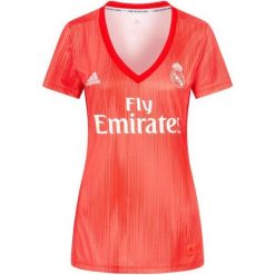 T-shirt Adidas Ladies Real Madrid - Stylowy i Sportowy. Czerwone koszulki sportowe damskie YB SPORTS, bez wzorów, bez kołnierzyka, bez ramiączek, do piłki nożnej. Za 193.99 zł.