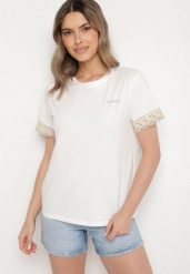 Biały T-shirt z Bawełny Zdobiony Koronką z Cekinami Pollea. Białe bluzki damskie Born2be, m, z aplikacjami, z bawełny, klasyczne, bez kołnierzyka. Za 49.99 zł.