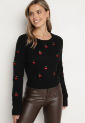 Czarny Sweter z Wiskozą Ozdobiony Haftem z Wisienkami Vaithna. Czarne swetry damskie Born2be, s, bez wzorów, z jeansu, eleganckie, bez kołnierzyka, bez ramiączek, długie, bez kaptura. Za 109.99 zł.