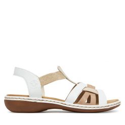 Sandały Rieker. Białe sandały damskie Rieker, bez wzorów, bez obcasa, na płaskiej podeszwie, bez zapięcia. Za 289.99 zł.