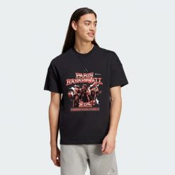 Koszulka z grafiką Paris Basketball Club. Czarne koszulki sportowe męskie Adidas, l, bez wzorów, bez kołnierzyka, bez ramiączek, do koszykówki. Za 159.00 zł.