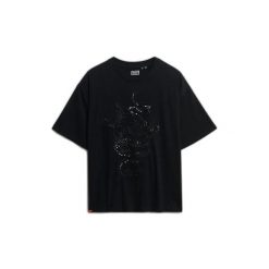 Koszulka oversize z fantazyjnym efektem tatuażu dla kobiet Superdry. Czarne t-shirty damskie Superdry., bez wzorów, bez kołnierzyka. W wyprzedaży za 141.75 zł.