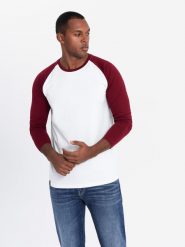Longsleeve męski z kontrastowymi raglanowymi rękawami – biało-bordowy V2 OM-LSCL-0105 - XXL. Czerwone bluzki z długim rękawem męskie Ombre Clothing, l, bez wzorów, z bawełny, klasyczne, bez kołnierzyka. W wyprzedaży za 89.99 zł.