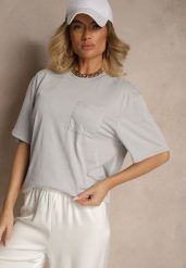 Jasnoszara Koszulka T-shirt z Naszytą Kieszonką TLanitra. Szare bluzki damskie Renee, l, bez wzorów, z jeansu, eleganckie, bez kołnierzyka. Za 39.99 zł.