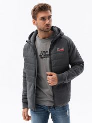 Pikowana kurtka męska z dzianinowymi rękawami i kapturem – ciemnoszara V3. Szare kurtki męskie Ombre Clothing, m, bez wzorów, z dresówki. W wyprzedaży za 99.99 zł.