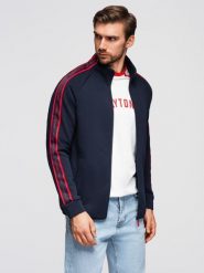 Bluza męska rozpinana z lampasami i wysoką stójką – granatowa V3 - Rozmiar: S. Niebieskie bluzy męskie Ombre Clothing, m, bez wzorów, z bawełny, bez kaptura. Za 209.99 zł.