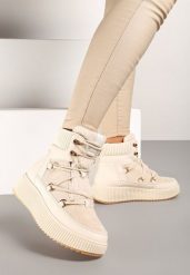 Beżowe Płaskie Sznurowane Śniegowce Trapery Vices Ozdobione Futerkiem Typu Baranek Temarie. Brązowe botki damskie Born2be, z jeansu. Za 99.99 zł.