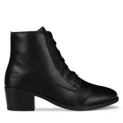 Botki Rieker. Czarne botki damskie Rieker, bez obcasa, na słupku, bez zapięcia. Za 295.99 zł.