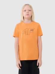 4F T-shirt regular z nadrukiem chłopięcy - pomarańczowy 140 (9-10 lat). Brązowe t-shirty dla chłopców 4f, bez wzorów, z bawełny, bez ramiączek. W wyprzedaży za 29.99 zł.