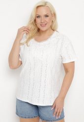 Biały T-shirt Bluzka z Ażurowym Wzorem i Koronką Civina. Białe bluzki damskie Born2be, xl, z aplikacjami, z jeansu, eleganckie, bez kołnierzyka. Za 34.99 zł.