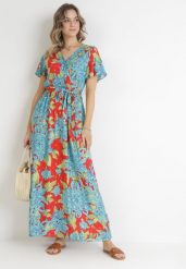 Niebiesko-Czerwona Kopertowa Sukienka Maxi z Gumką w Pasie w Kwiaty z Wiskozy Aryna. Niebieskie sukienki damskie Born2be, na lato, l, bez wzorów, z materiału, bez kołnierzyka, bez ramiączek, maxi, kopertowe. Za 99.99 zł.