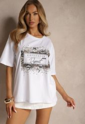 Biały T-shirt z Bawełny Zdobiony Nadrukiem z Cyrkoniami Idelunea. Białe bluzki damskie Renee, s, z aplikacjami, z bawełny, eleganckie, bez kołnierzyka. Za 34.99 zł.