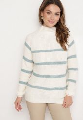 Beżowo-Zielony Sweter z Wiskozą w Paski Dintia. Zielone swetry damskie Born2be, uniwersalny, bez wzorów, z jeansu, eleganckie, bez kołnierzyka, bez ramiączek, długie, bez kaptura. Za 64.99 zł.