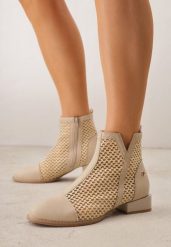 Beżowe Plecione Botki z Wkładką ze Skóry Naturalnej Nadelle. Brązowe botki damskie Renee, z jeansu, boho, bez obcasa, na płaskiej podeszwie, bez zapięcia. Za 199.99 zł.