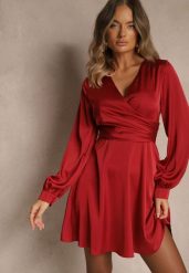 Czerwona Kopertowa Sukienka VICES z Satyny z Bufiastymi Rękawami Anevite. Czerwone sukienki damskie Renee, na imprezę, l, bez wzorów, z poliesteru, eleganckie, bez kołnierzyka, bez ramiączek, mini, kopertowe. Za 119.99 zł.