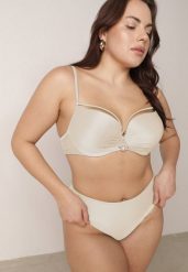 Jasnobeżowe Bikini Majtki Figi i Biustonosz z Paskami i Perłową Aplikacją Cahresha. Brązowe bikini damskie Born2be, na lato, uniwersalny, z aplikacjami. Za 109.99 zł.