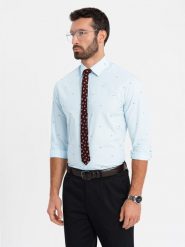 Klasyczna męska bawełniana koszula SLIM FIT w rybki - błękitna V4 - Rozmiar: XXL. Niebieskie koszule męskie Ombre Clothing, m, bez wzorów, z bawełny, klasyczne, bez kołnierzyka, bez ramiączek. W wyprzedaży za 69.99 zł.