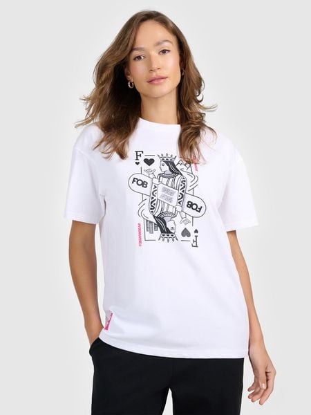4F T-shirt loose z nadrukiem damski - biały M. Białe koszulki sportowe damskie 4f, m, bez wzorów, z materiału, bez kołnierzyka, bez ramiączek, snowboardowy. Za 79.99 zł.
