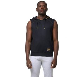 Bluza z kaptur na co dzień na siłownię. Czarne bluzy męskie LEONE 1947 APPAREL, bez wzorów, z bawełny, bez kołnierzyka, bez ramiączek, na fitness i siłownię. Za 109.46 zł.