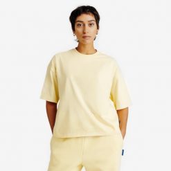 Koszulka oversize damska typu Crop. Żółte t-shirty damskie Decathlon, s, bez wzorów, z bawełny, bez kołnierzyka. Za 52.49 zł.