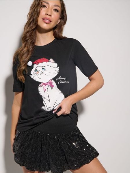 Bawełniana koszulka z nadrukiem Aristocats - czarny. Czarne t-shirty damskie Sinsay, l, bez wzorów, z bawełny, bez kołnierzyka. Za 39.99 zł.