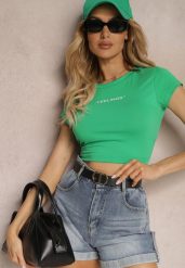 Zielony T-shirt o Dopasowanym Fasonie Cropped z Napisem Zaloella. Zielone bluzki damskie Renee, m, bez wzorów, z jeansu, klasyczne, bez kołnierzyka, bez ramiączek. Za 39.99 zł.