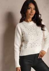 Jasnobeżowy Casualowy Sweter z Bawełną i Cekinami Savintha. Brązowe swetry damskie Renee, z aplikacjami, z bawełny, casualowe, bez kołnierzyka, bez ramiączek, bez kaptura. Za 69.99 zł.