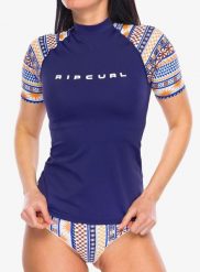 Koszulka do sportów wodnych damska Rip Curl San Carlos SS UPF Top. Niebieskie koszulki sportowe damskie Rip Curl, l, bez wzorów, z lycry, bez kołnierzyka, bez ramiączek, żeglarskie. Za 139.00 zł.