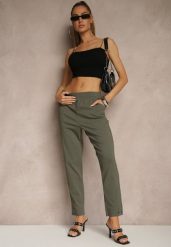Ciemnozielone Spodnie z Wiskozą High Waist i Ozdobnymi Napami Redaira. Zielone spodnie sportowe damskie Renee, l, z aplikacjami, z jeansu. Za 59.99 zł.