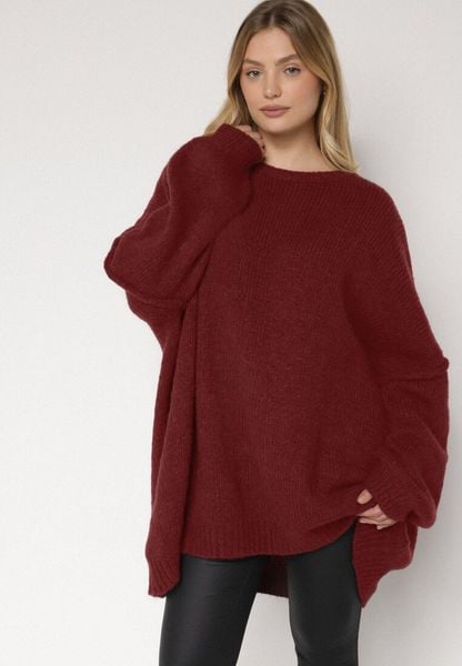 Bordowy Sweter z Wiskozą i Wełną o Kroju Nietoperza Fedella. Czerwone swetry damskie Born2be, bez wzorów, z jeansu, eleganckie, bez kołnierzyka, bez ramiączek, bez kaptura. Za 199.99 zł.
