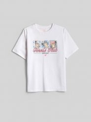 4F T-shirt loose z nadrukiem dziewczęcy - biały 122/128 (6-8 lat). Białe t-shirty i topy dla dziewczynek 4f, bez wzorów, z bawełny, bez ramiączek. Za 59.99 zł.