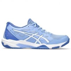 Buty siatkarskie damskie Asics 1072A093401. Niebieskie obuwie sportowe damskie Asics, bez wzorów, z materiału, do siatkówki. Za 447.00 zł.
