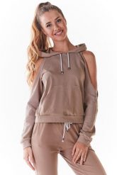 Krótka Bluza z Rozcięciami na Ramionach - Beżowa. Brązowe bluzki damskie Infinite You, l, bez wzorów, z bawełny, bez kaptura. Za 167.90 zł.