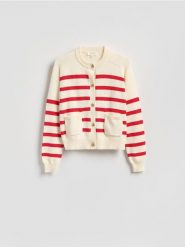 Bawełniany kardigan w paski - czerwony. Czerwone kardigany damskie Reserved, l, bez wzorów, z bawełny. Za 199.99 zł.