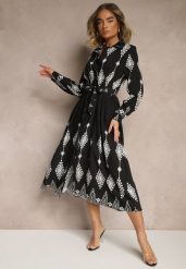 Czarna Sukienka z Wiskozą Ozdobiona Geometrycznym Motywem i Paskiem Folmara. Czarne sukienki damskie Renee, na co dzień, l, bez wzorów, z jeansu, eleganckie, bez kołnierzyka, bez ramiączek, maxi. Za 119.99 zł.