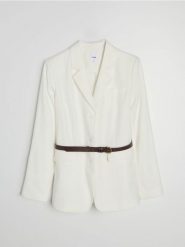 Żakiet z wiskozą i domieszką lnu - kremowy. Białe żakiety damskie Sinsay, l, bez wzorów, z wiskozy. Za 79.99 zł.