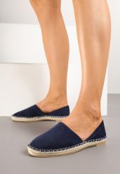 Granatowe Espadryle Ozdobione Wyciętą Cholewką i Plecionką Wommea. Niebieskie espadryle damskie Renee, na lato, bez wzorów, eleganckie, bez obcasa, na płaskiej podeszwie, bez zapięcia. Za 64.99 zł.