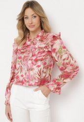 Czerwono-Różowa Koszula w Kwiaty z Ozdobną Falbanką Nirelletia. Czerwone bluzki damskie Born2be, na wiosnę, l, bez wzorów, z materiału, bez kołnierzyka, bez ramiączek. Za 64.99 zł.