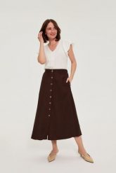 Spódnica midi z lnem brązowa. Brązowe spódnice damskie MOODO, l, bez wzorów, ze lnu, midi. Za 139.99 zł.