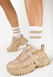 Ciemnobeżowe Sneakersy z Tłoczeniami i Amortyzującą Wkładką Funzea. Brązowe obuwie sportowe damskie Born2be, z aplikacjami, z jeansu. Za 119.99 zł.