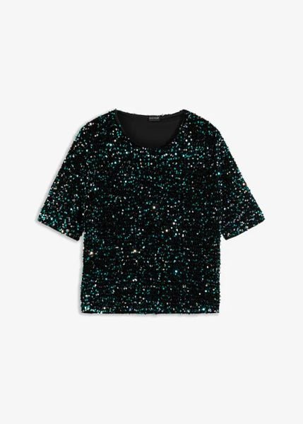 Bluzka z cekinami. Czerwone bluzki damskie bonprix, bez wzorów, eleganckie, bez kołnierzyka, bez ramiączek. Za 109.99 zł.