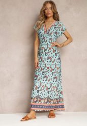 Jasnoniebieska Rozkloszowana Sukienka Maxi z Printem Paisley z Gumką w Pasie Zoenia. Niebieskie sukienki damskie Renee, na lato, l, bez wzorów, bez kołnierzyka, bez ramiączek, maxi, rozkloszowane. Za 39.99 zł.