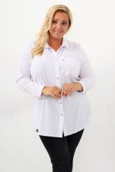 Klasyczna biała koszula Charo do pracy PLUS SIZE XXL. Białe bluzki damskie Nasi partnerzy, m, bez wzorów, z elastanu, biznesowe, bez kołnierzyka, plus size, bez ramiączek. Za 199.90 zł.