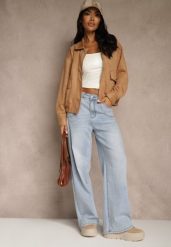 Niebieskie Jeansy High Waist o Szerokim Kroju z Przeszyciami i Imitacją Kieszeni Saliana. Niebieskie jeansy damskie Renee, z podwyższonym stanem. Za 119.99 zł.